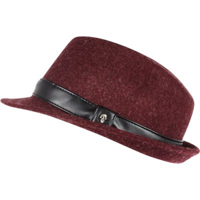 Boys red leather-look trim trilby hat